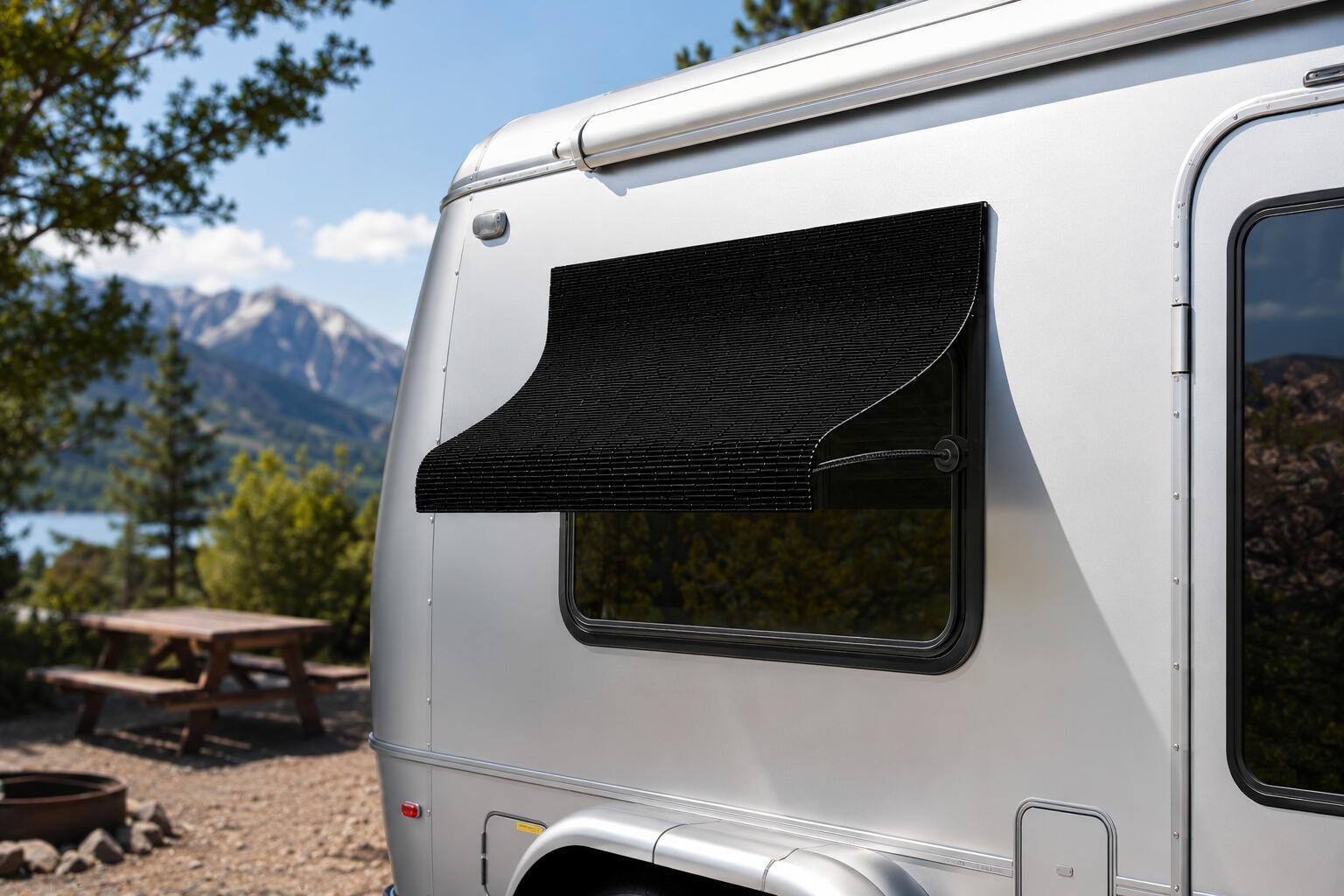 Concept: UnBeam for Campers and RVs Concept rendering of a compact UnBeam awning shading the window of a camper.
