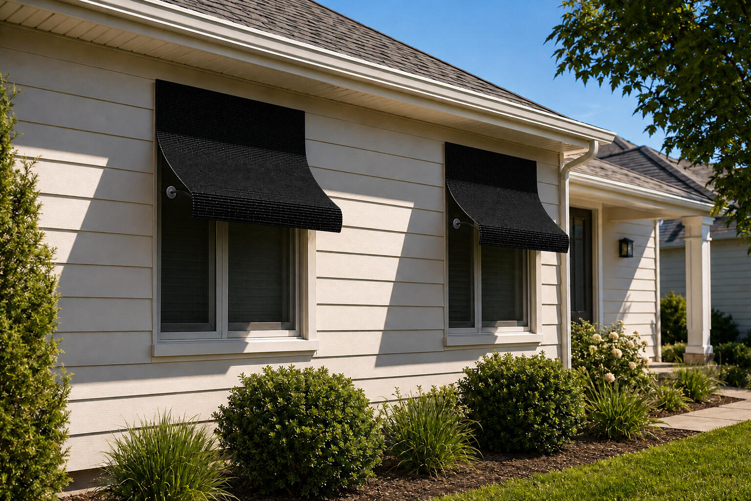Concept rendering of an UnBeam awning shading a window on a residential rental home.