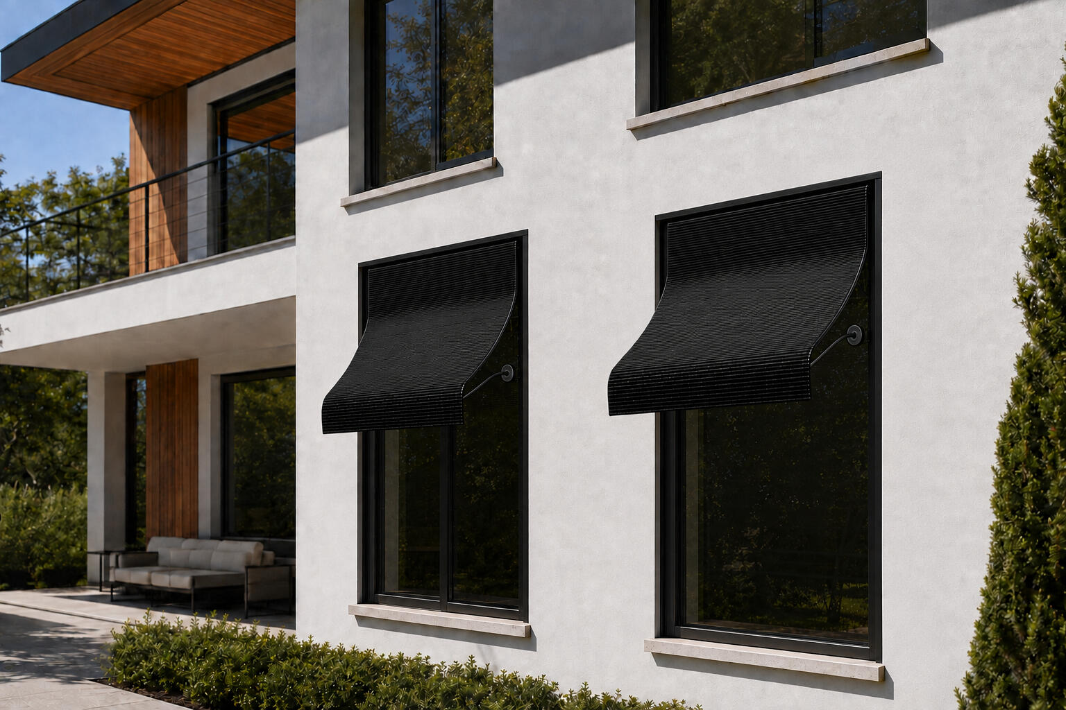 Concept: UnBeam for Homeowners Concept rendering of an UnBeam awning installed above a window on a single-family home.