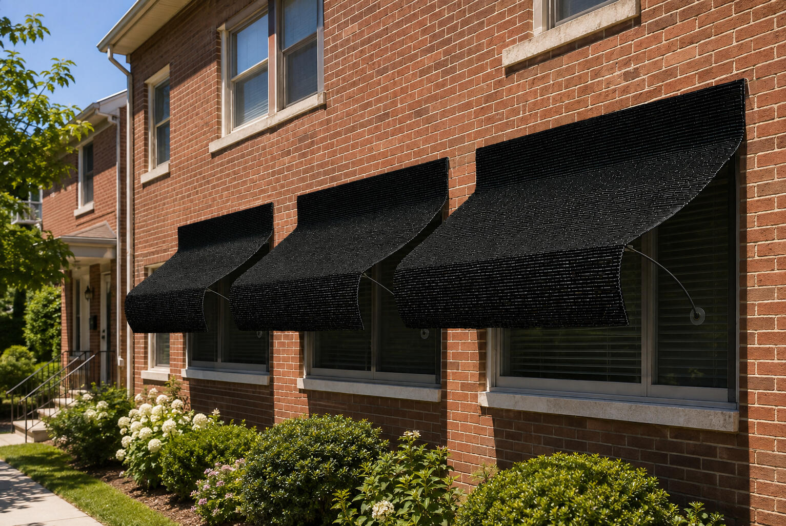 UnBeam for Commercial Buildings Concept rendering of several UnBeam awnings shading windows on a commercial building.