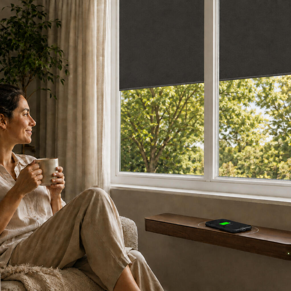 Concept: UnBeam awning wirelessly charging a cellphone inside a home using inductive coupling.